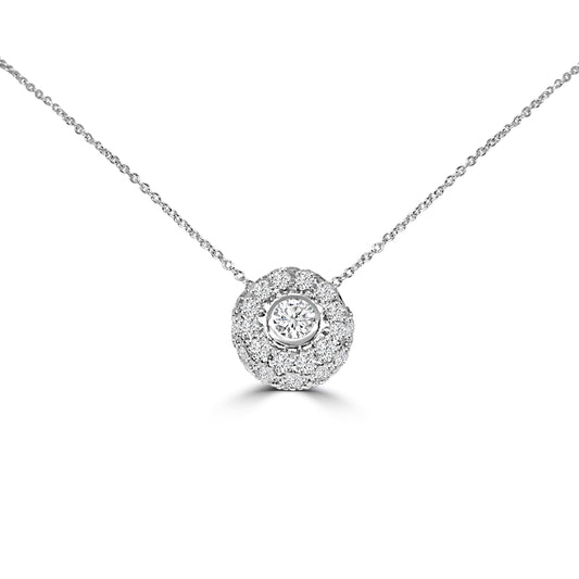 The DiamondVeneer Fashion Donut Diamond Veneer Cubic Zirconia Pendant (.635P21025) is a delicate sterling silver chain necklace featuring a round cubic zirconia with a larger center stone and sparkling halo, for extra brilliance. Final sale.