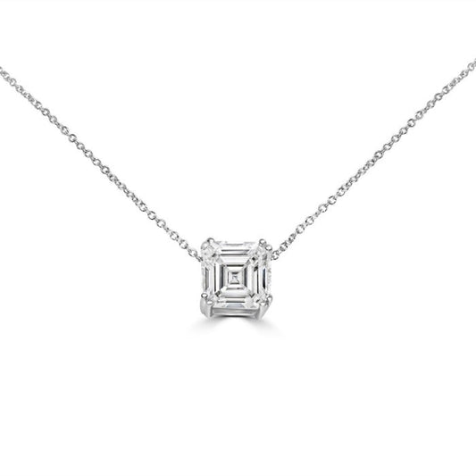 The DiamondVeneer Fashion 2CT Ascher Diamond Veneer Cubic Zirconia Pendant (635P208) features a minimalist prong setting on a delicate silver chain, showcased against a plain white background.