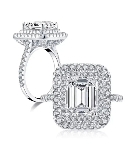 2 CT emerald-cut cubic zirconia double halo ring in sterling silver, main view, 635R0247