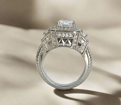 2 CT emerald-cut cubic zirconia quadrillion-style ring in sterling silver, angled view, 635R12757