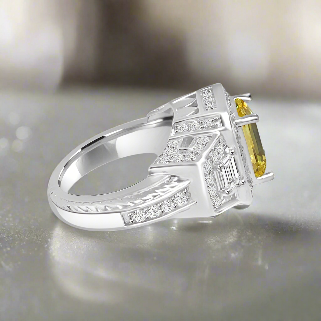 2 CT emerald-cut cubic zirconia quadrillion-style ring in sterling silver, canary yellow stone side view, 635R12757