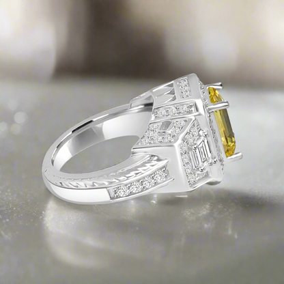 2 CT emerald-cut cubic zirconia quadrillion-style ring in sterling silver, canary yellow stone side view, 635R12757