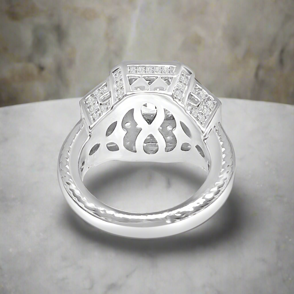 2 CT emerald-cut cubic zirconia quadrillion-style ring in sterling silver, underside gallery view, 635R12757