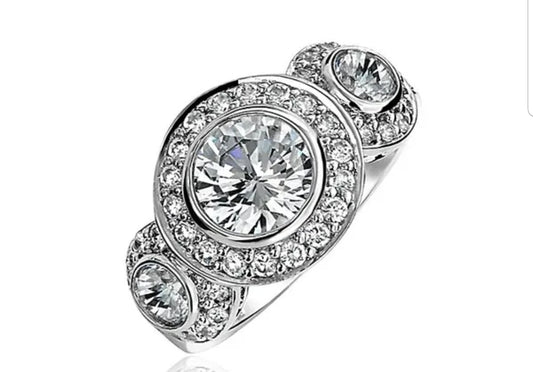 2 CT round cubic zirconia three-stone milgrain ring in sterling silver, main view, 635R13665