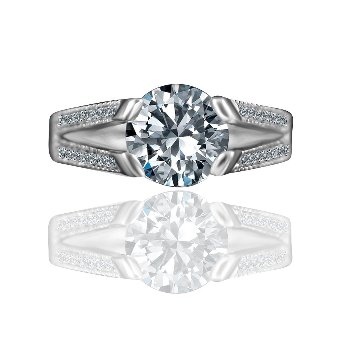 3CT round cubic zirconia tension-style ring, vintage milgrain - front view