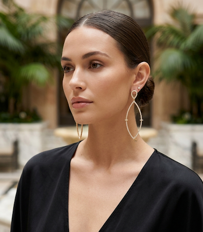 3 inch cubic zirconia chandelier earrings by Zirconite, worn on model, 698E3187