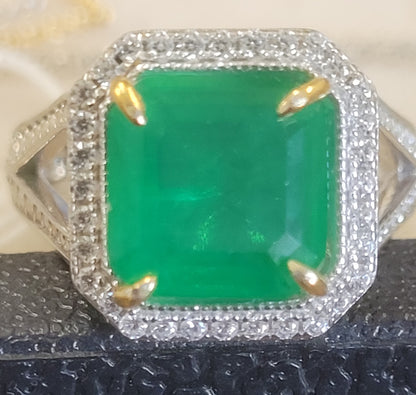 5 CT square cubic zirconia engagement ring in sterling silver, emerald green stone, 800R066A