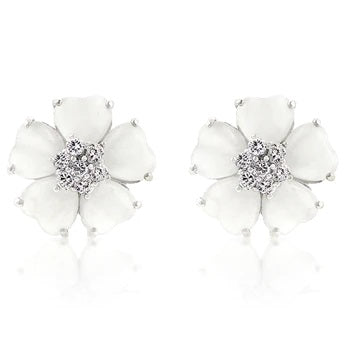 DiamondVeneer Fashion’s Zirconite Cats Eye Heart Flower Earrings (626E20011) feature flower shapes with five white petals and a central cluster of sparkling gemstones.