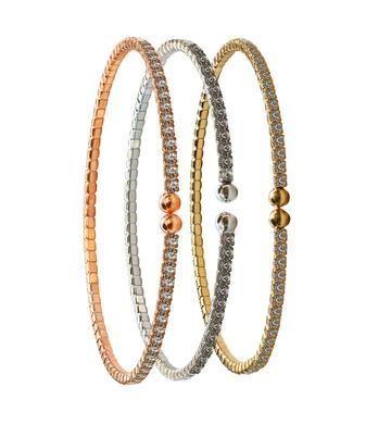 The DiamondVeneer Fashion Face-off Zirconite Crystal Bangle Bracelet (637Bx1) is shown upright against a white background, featuring slim bangles in rose gold, silver, and yellow gold with central round crystal accents.