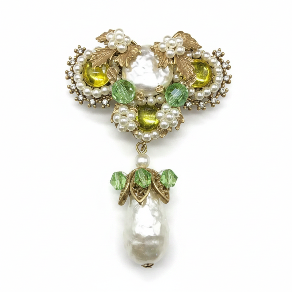 Decorative brooch with Baroque pearls, yellow and green gemstones on a white background