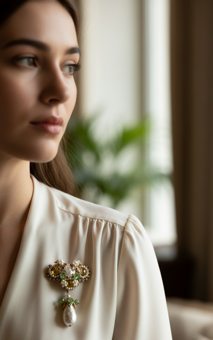 Decorative brooch with Baroque pearls, yellow and green gemstones on a white background