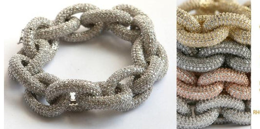 The DiamondVeneer Fashion Hand Set Cubic Zirconia pave large Links Zirconite Bracelet (501B0W092) gleams in silver, with close-ups of similar luxury styles stacked in silver, gold, and rose gold tones.