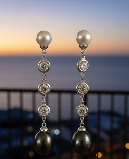 Long vertical cz black pearl drop earrings