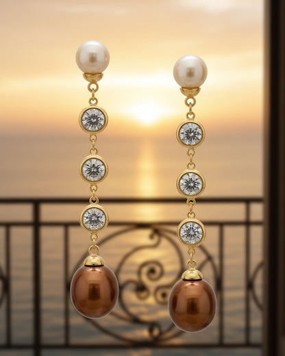 Long vertical cz brown pearl drop earrings