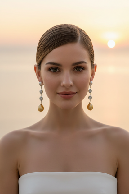 Long vertical cz pink pearl drop earrings