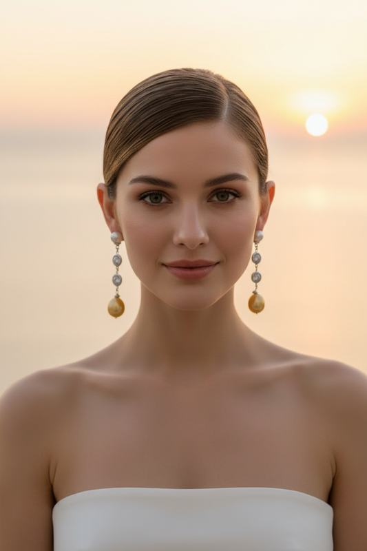 Long vertical cz pink pearl drop earrings