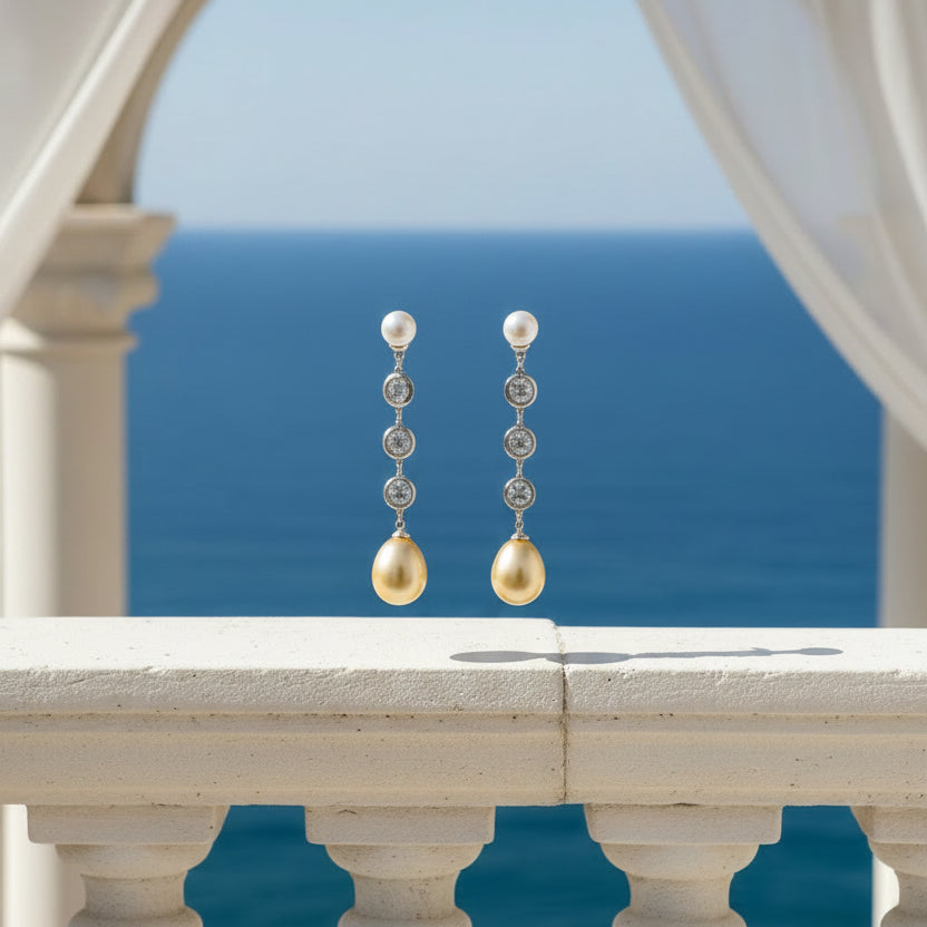 Long vertical cz pearl drop pink earrings