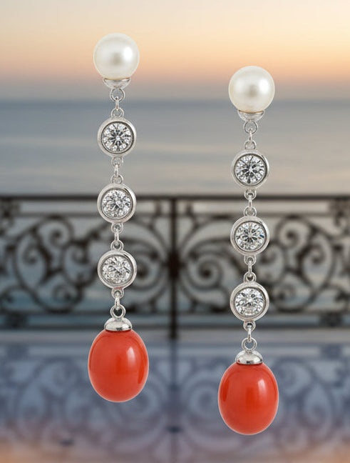 Long vertical cz red pearl drop earrings