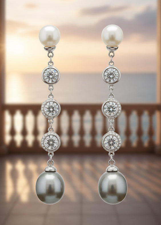 Long vertical cz silver pearl drop earrings