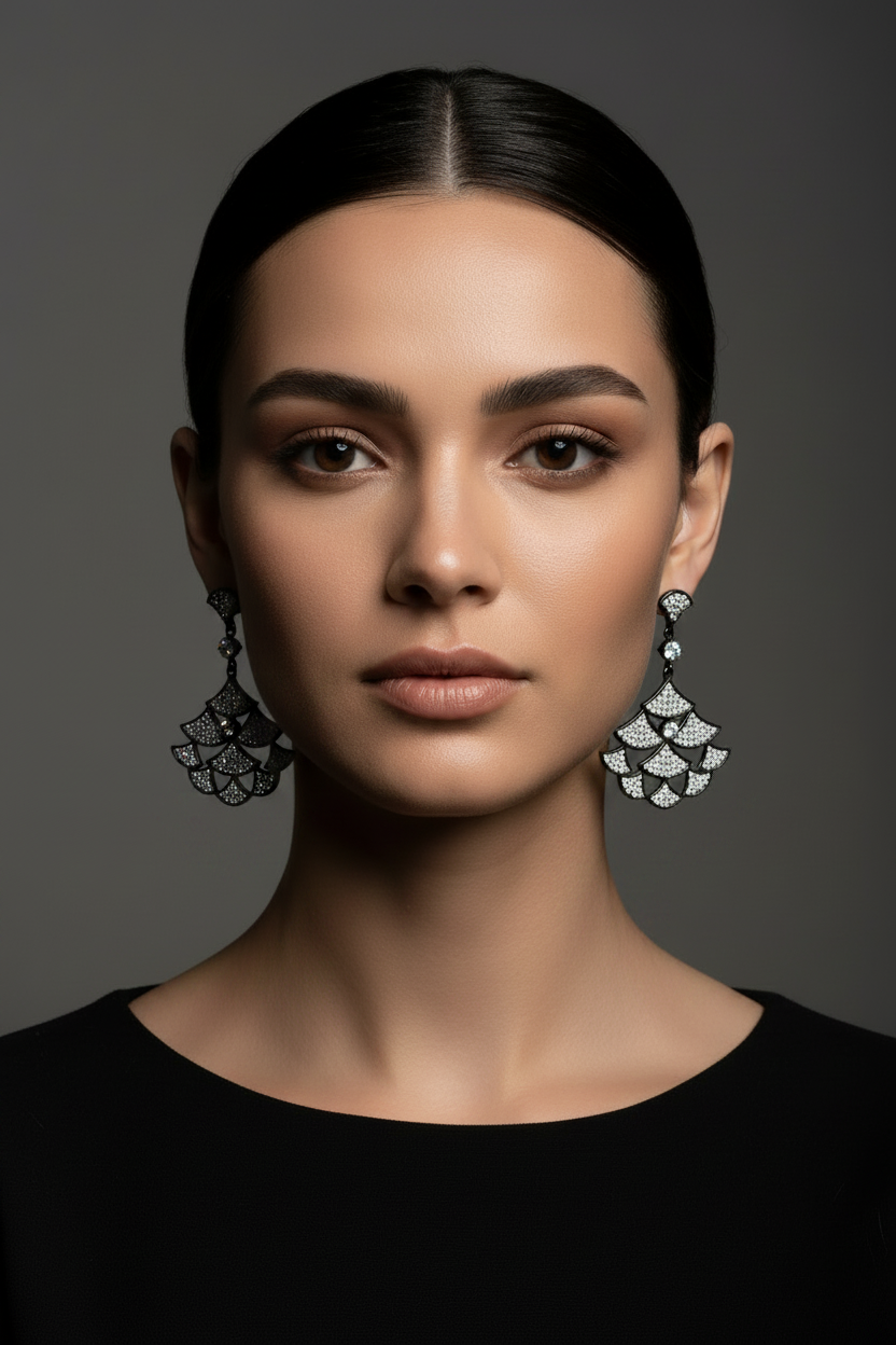 Model wearing Zirconmania Multi-Tier Fan Chandelier Earrings in Black Rhodium — Zirconite Fashion Jewelry
