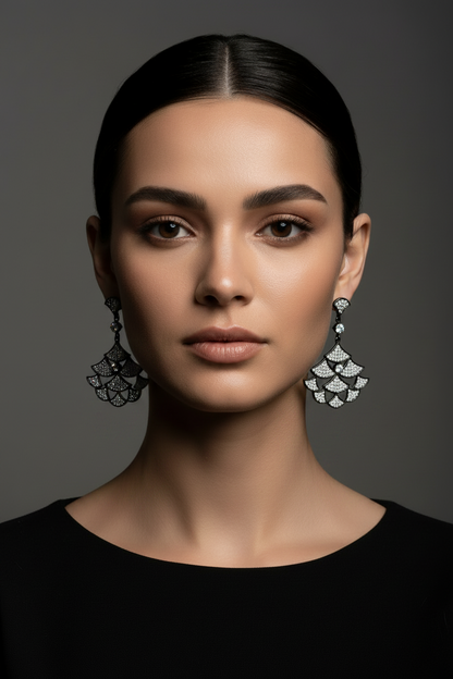 Model wearing Zirconmania Multi-Tier Fan Chandelier Earrings in Black Rhodium — Zirconite Fashion Jewelry