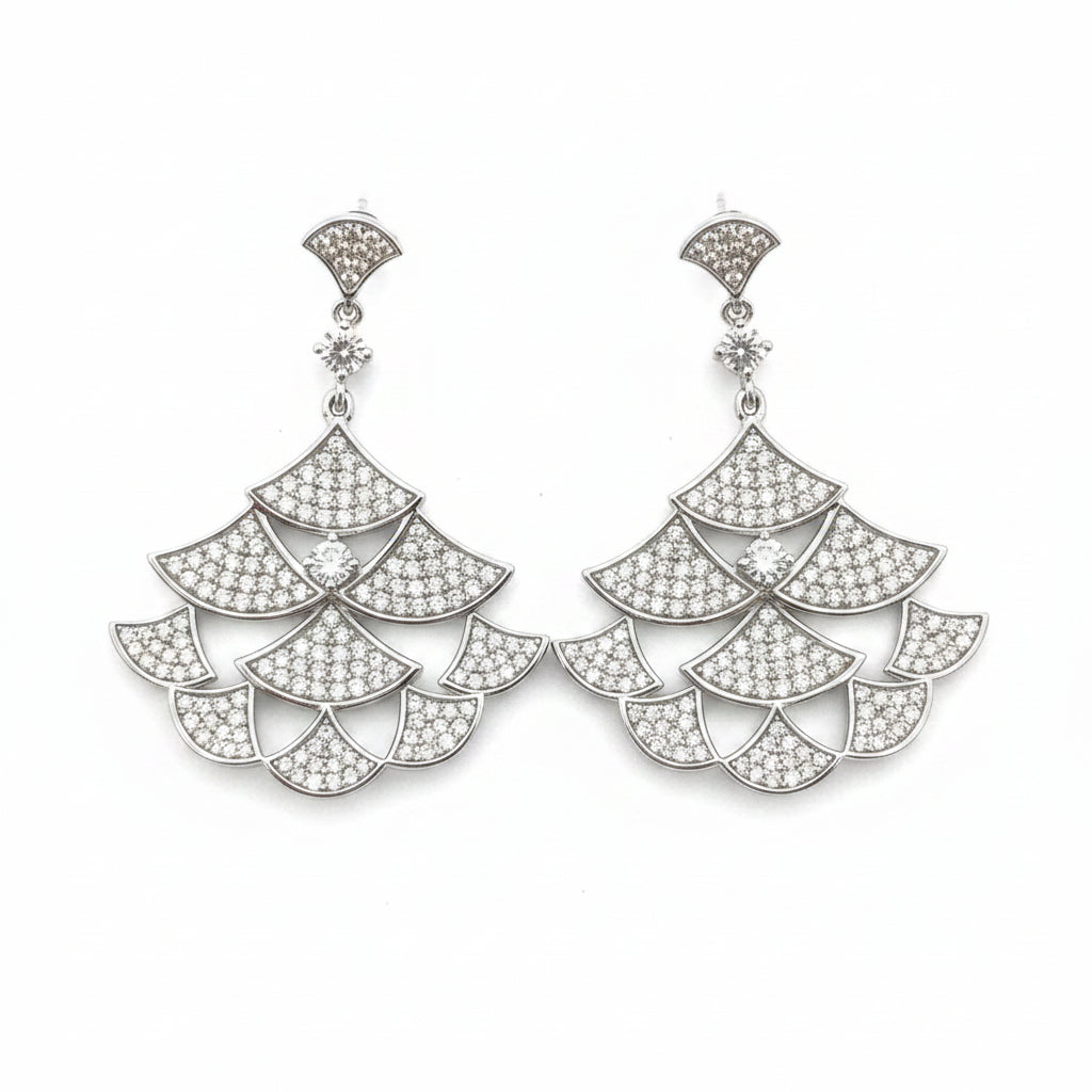 Zirconmania Multi-Tier Fan Chandelier Earrings in Platinum — Cubic Zirconia Pave Set, Zirconite Fashion Jewelry