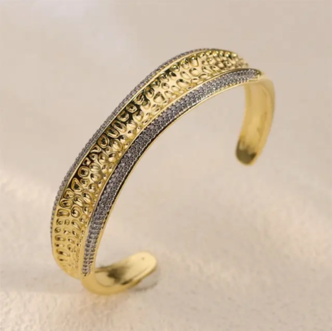 Open hammered gold bangle bracelet with matching ring