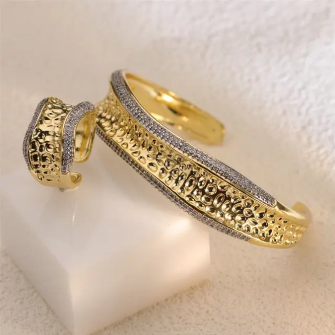 Open hammered gold bangle bracelet with matching ring