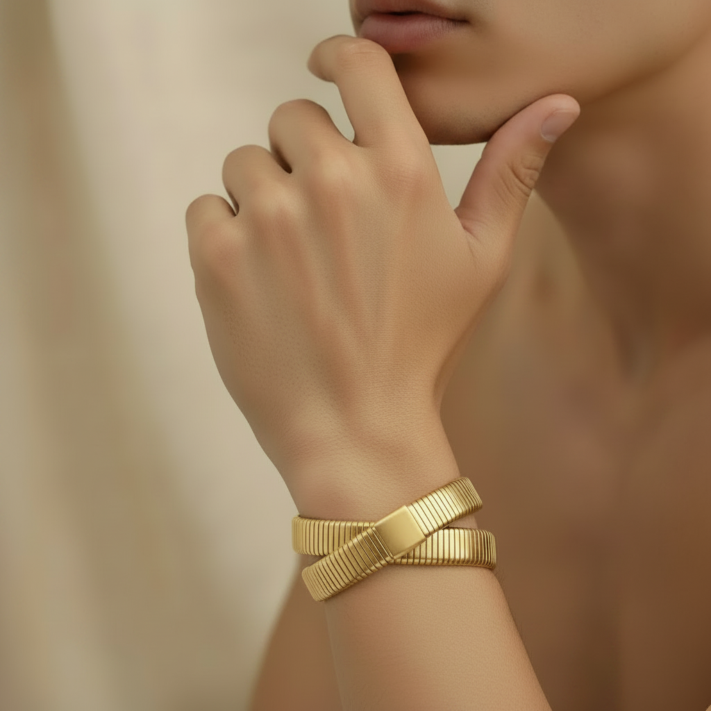 Open satin gold double Cuff Bangle | Zirconite