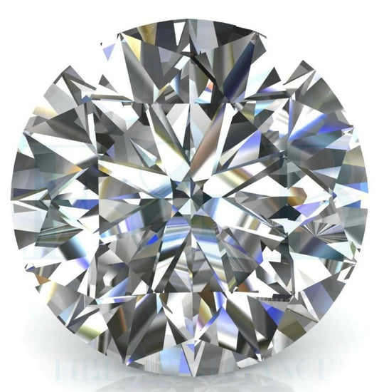 A close-up of the DiamondVeneer Fashion loose Stone Round Moissanite Lab Created Diamond, brilliant-cut, highlighting its facets and sparkling white, blue, and yellow reflections against a white background.