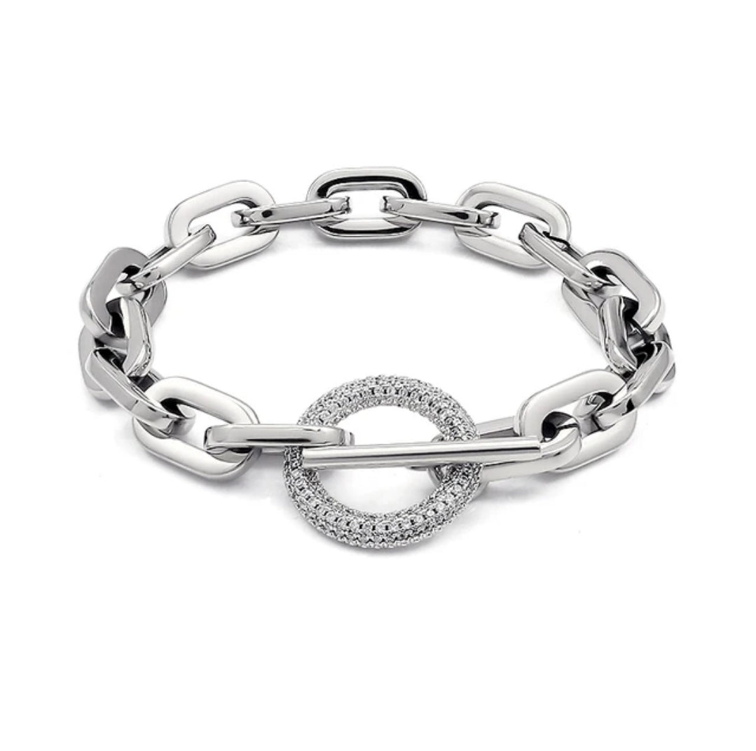 The Unisex Paper Clip Link Chain Bracelet by zirconmania Fashion Jewelry, model Zirconite 856B101, features bold rectangular links and a sparkling crystal-studded cubic zirconia charm as its centerpiece.