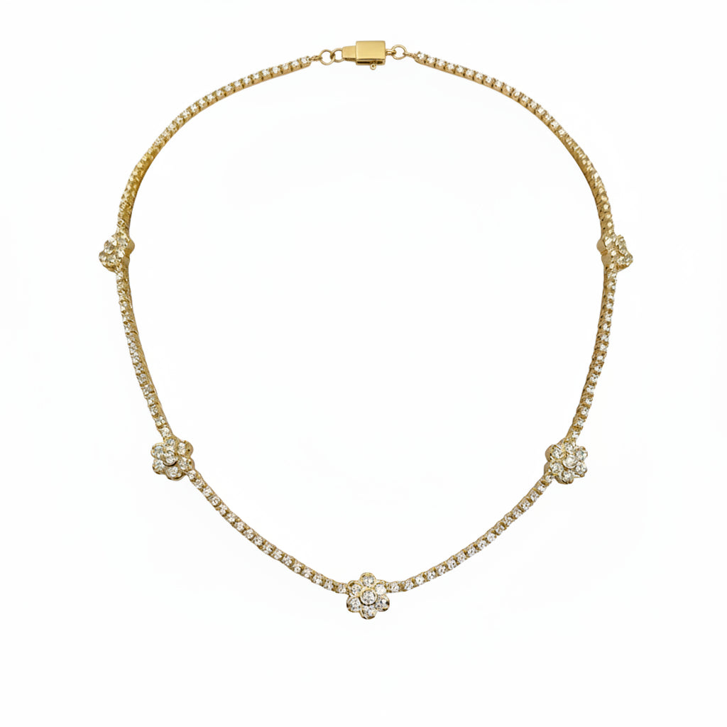 Woman wearing Zirconmania 925 silver necklace featuring cubic zirconia flower clusters—elegant design ideal for weddings or parties.