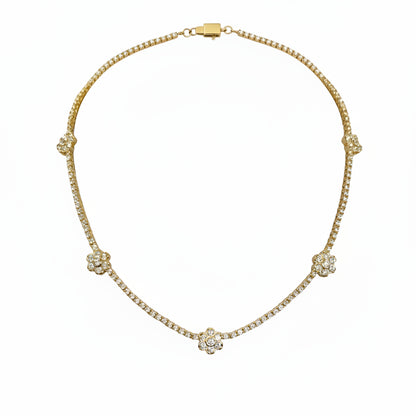 Woman wearing Zirconmania 925 silver necklace featuring cubic zirconia flower clusters—elegant design ideal for weddings or parties.