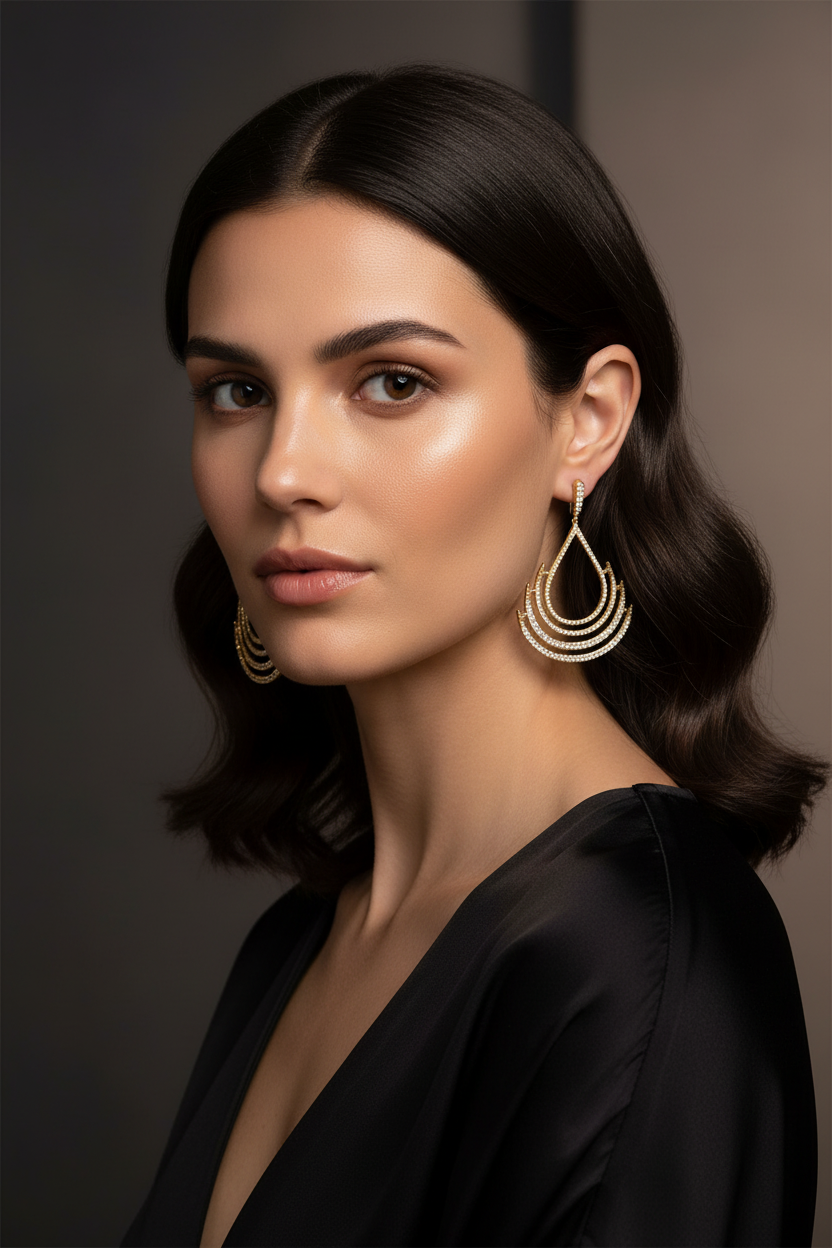 Model wearing Zirconmania open teardrop chandelier earrings with Zirconite cubic zirconia stones