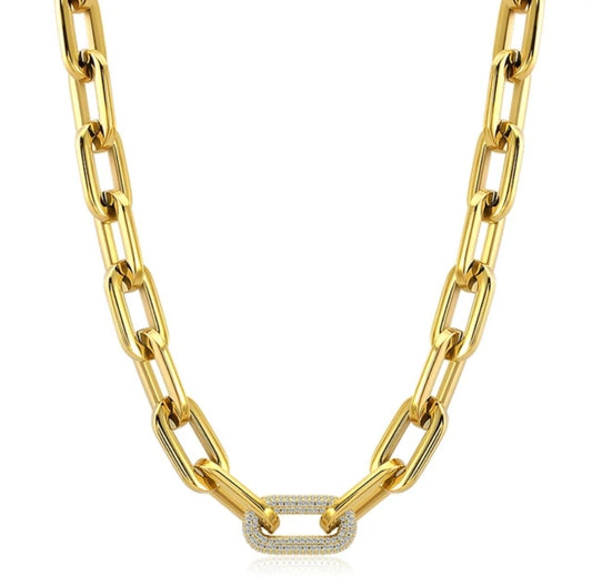 Unisex PaperClip Link Chain gold  Necklace Zirconite. 856N100