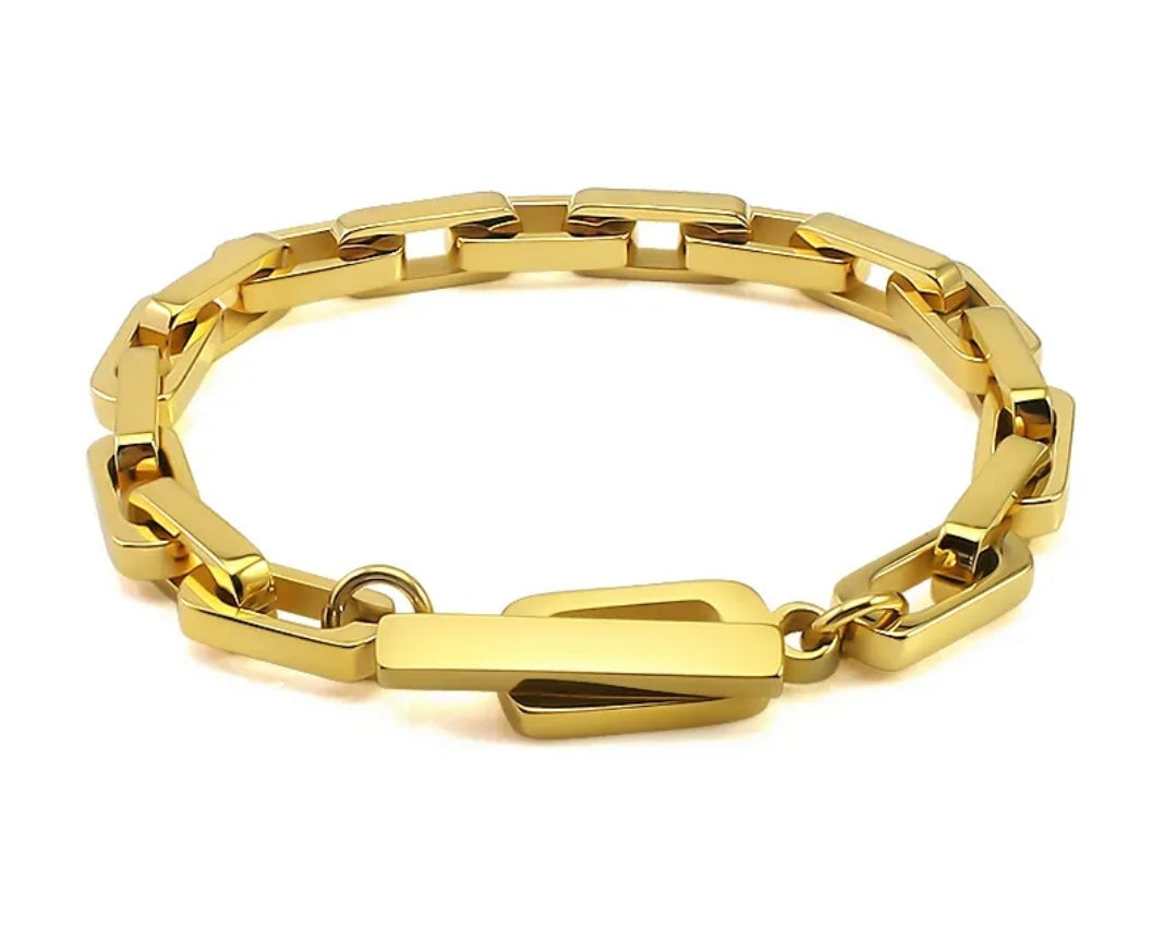 Zirconmania's unisex rectangular link bracelet features a sleek, modern chain design with a polished finish on a white backdrop.