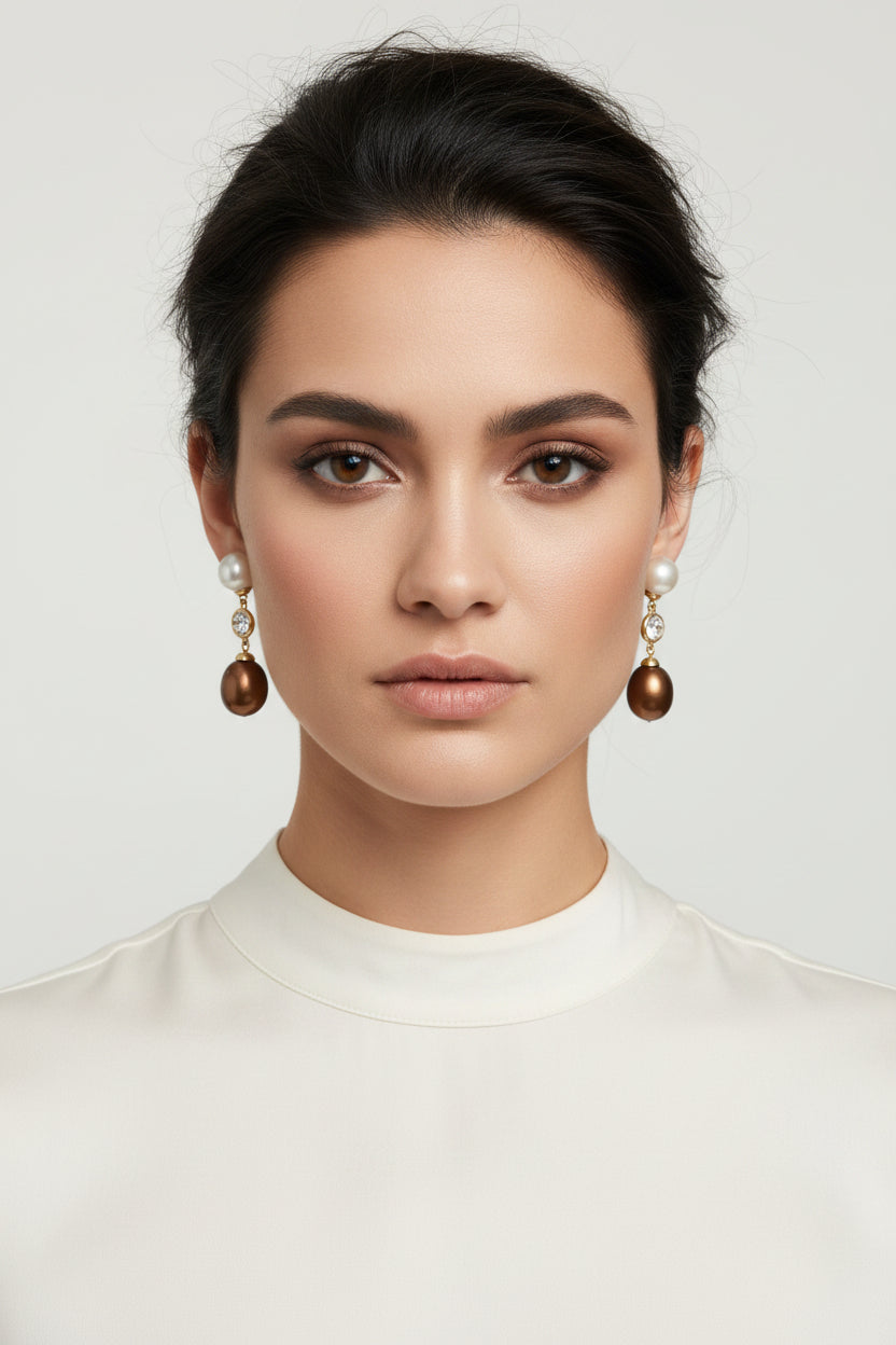 Vertical CZ Sterling Silver brown Pearl Drop Earrings | Zirconite