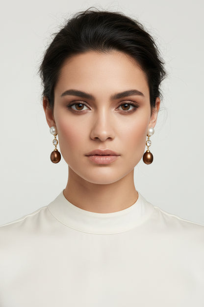 Vertical CZ Sterling Silver brown Pearl Drop Earrings | Zirconite