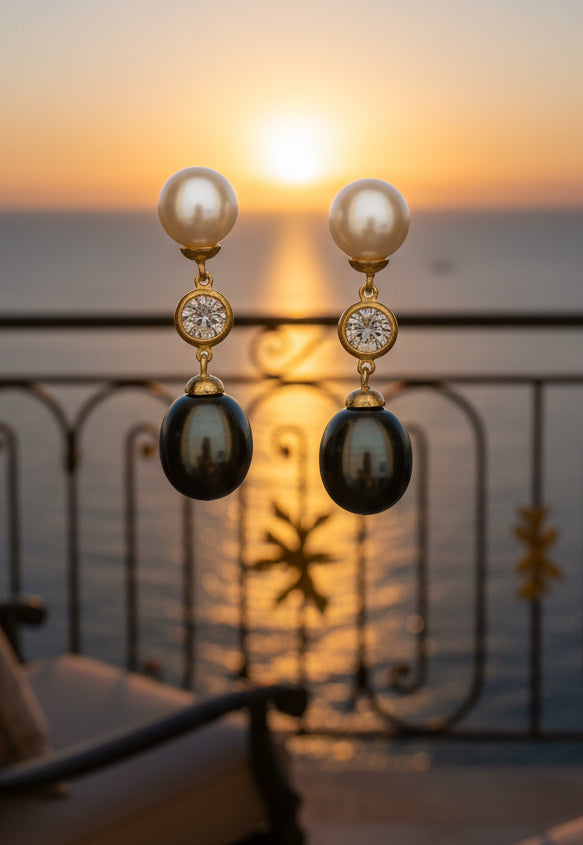 Vertical CZ Sterling Silver brown Pearl Drop Earrings | Zirconite