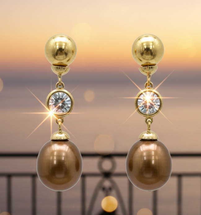 Vertical CZ Sterling Silver champagne Pearl Drop Earrings | Zirconite