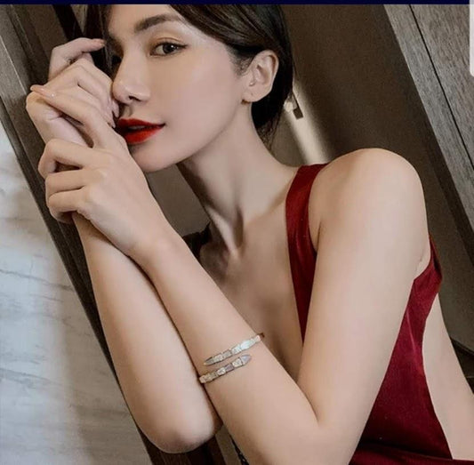 A woman in a sleeveless deep red dress, with red lipstick and straight dark hair, poses indoors wearing the DiamondVeneer Fashion Face-off natural Shell Stainless Steel Bangle Bracelet (709B12) on her wrist.