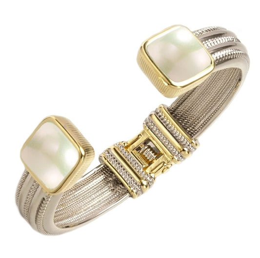 The DiamondVeneer Fashion Zirconite open hinged wide Bangle Bracelet (500B5633) features two-tone silver mesh bands with gold accents and two square white pearl-like stones in gold bezels at each open end.