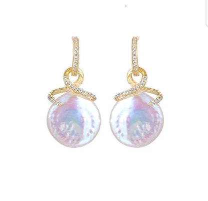 DiamondVeneer Fashion’s Genuine Fresh Water Pearl Coin Zirconite Earrings (810E12) feature 12mm pearl drops and a gold loop with sparkling crystals, set against a white background.