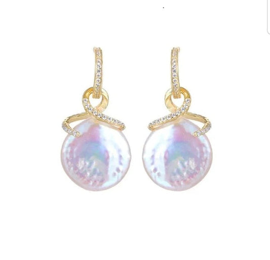 DiamondVeneer Fashion’s Genuine Fresh Water Pearl Coin Zirconite Earrings (810E12) feature 12mm pearl drops and a gold loop with sparkling crystals, set against a white background.