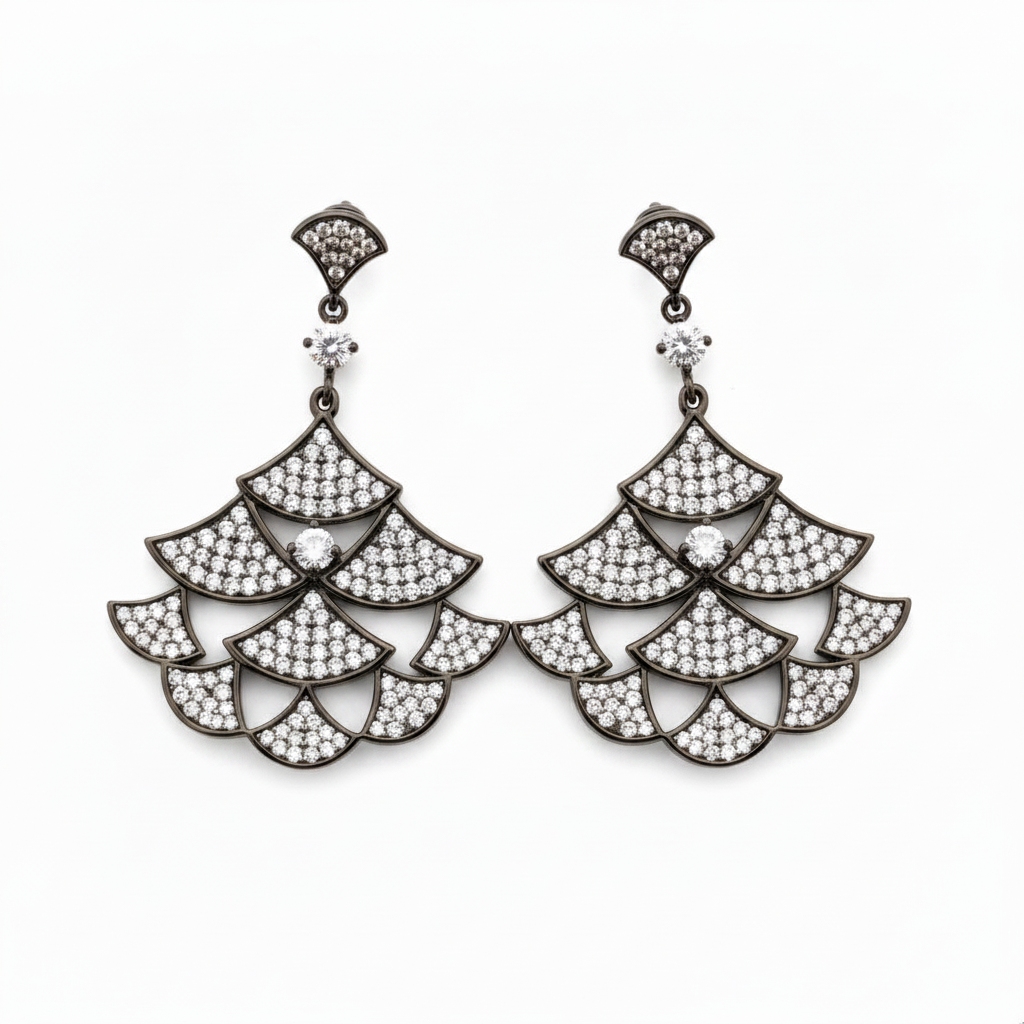 Zirconmania Multi-Tier Fan Chandelier Earrings in Black Rhodium — Cubic Zirconia Pave Set, Zirconite Fashion Jewelry
