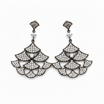 Zirconmania Multi-Tier Fan Chandelier Earrings in Black Rhodium — Cubic Zirconia Pave Set, Zirconite Fashion Jewelry