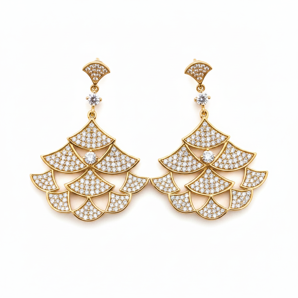 Zirconmania Multi-Tier Fan Chandelier Earrings in Gold — Cubic Zirconia Pave Set, Zirconite Fashion Jewelry