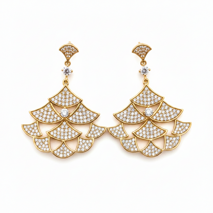 Zirconmania Multi-Tier Fan Chandelier Earrings in Gold — Cubic Zirconia Pave Set, Zirconite Fashion Jewelry