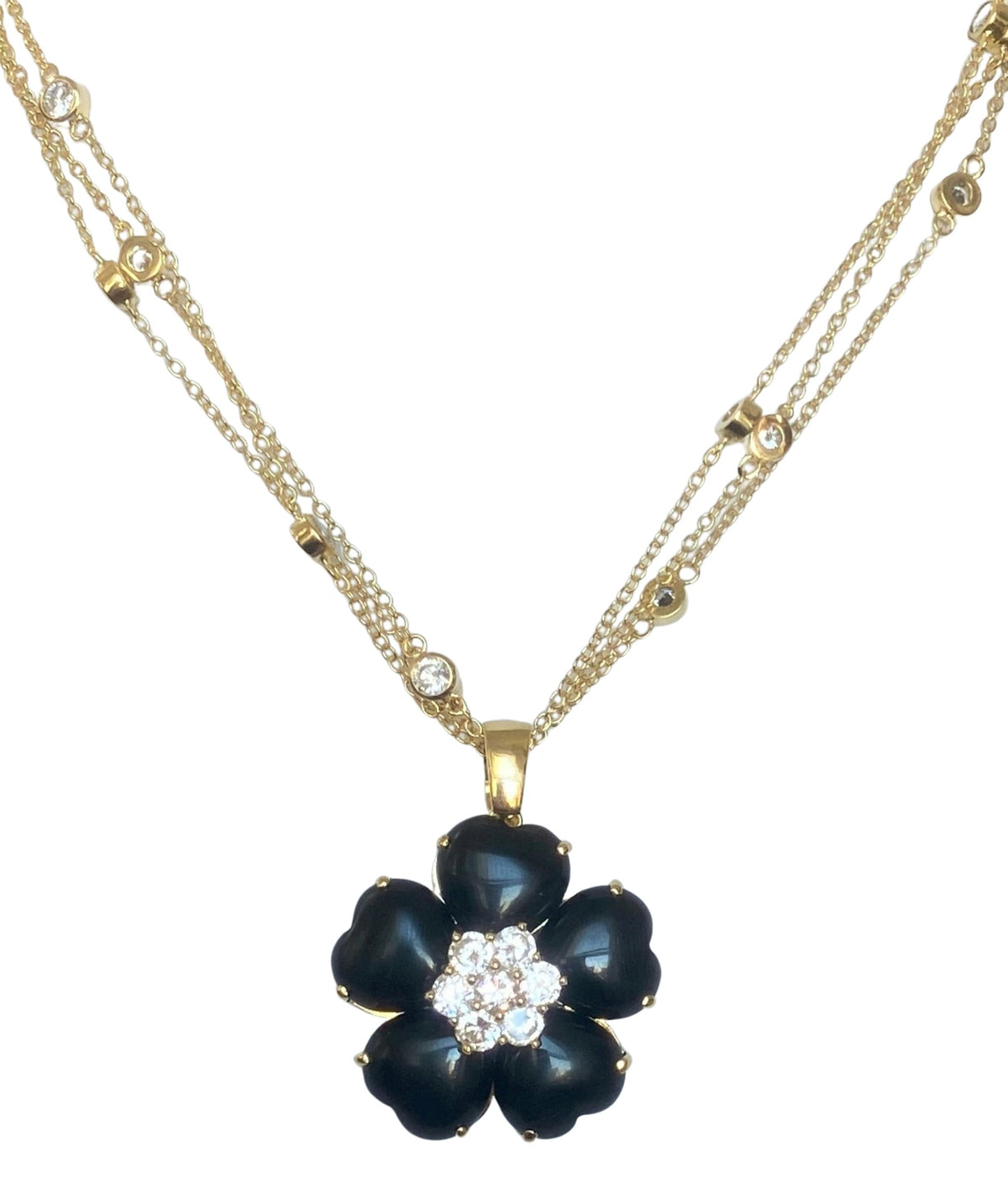 Cat's eye heart flower necklace with cubic zirconia by Zirconite, black color, 626P20011
