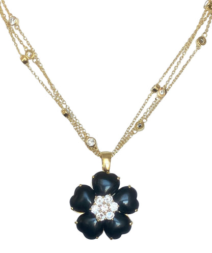 Cat's eye heart flower necklace with cubic zirconia by Zirconite, black color, 626P20011